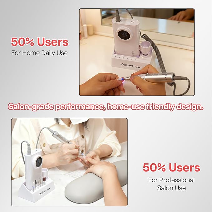 Professional Nail Drill with Charging Dock & Ceramic/Tungsten Bits, 45000RPM Stepless Speed Cordless Efile for Fast Acrylic Gel Removal, Electric Nail File Machine for Home Salon Use (White)