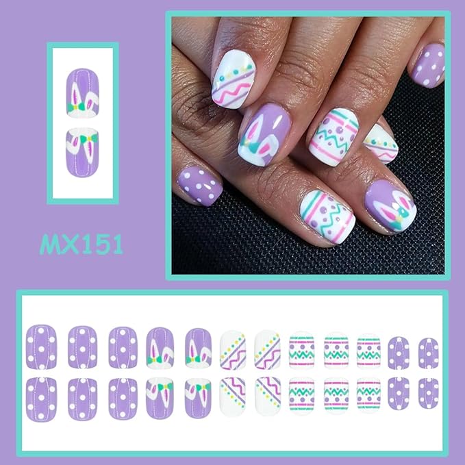 Purple Easter Press on Nails - Short Square Fake Nails with Cute Rabbit | Polka Dot | Colorful Easter Egg Designs False Nails Press ons Full Cover Stick on Nails Easter Nails for Women Manicure 24Pcs