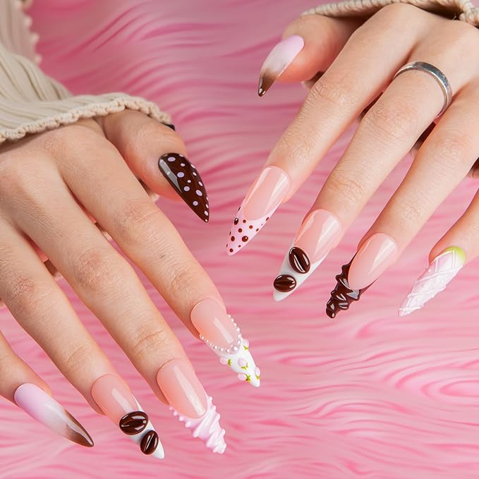 LOVFUL Short French Tip Press on Nails Cocoa Treat| Handmade Acrylic Press ons| Reusable Fake False Nails | Stiletto Classic Regular 1.3in | H737-M