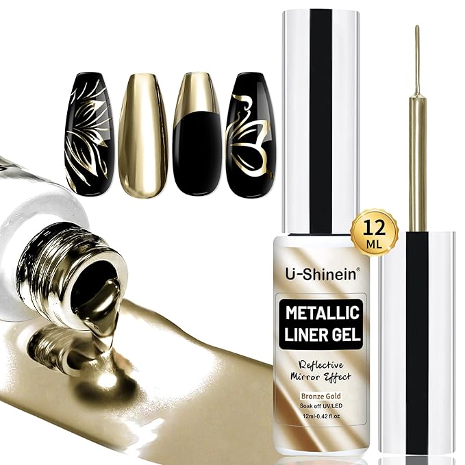 12ml Metallic Painting Gel Liner Nail Art 3D Mirror Chrome Effect Nail Polish Metal Painted Drawing Build in Thin Brush Soak Off UV/LED Bronze Gold Striper Gel for Nail Art Manicure