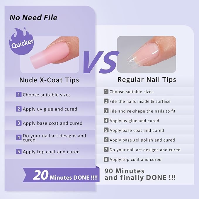 BTArtbox XCOATTIPS Soft Gel Nail Tips - Matte Long Square Press On Nails Pink Colored Natural with Tip Primer Cover, One-Step Full Cover Fake Nails Gel Nails for Nail Extensions Art