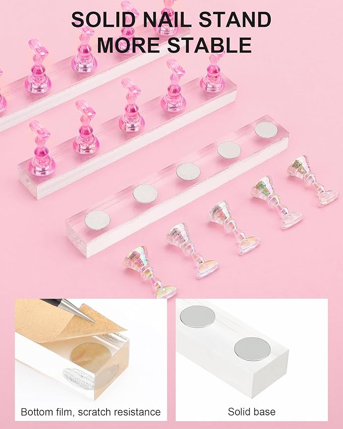 Nail Stand for Press Ons, Nail Holder for Painting Nails, Upgraded Solid Acrylic Magnetic Fake Nail Stands Tips, 3 Nail Holder with Double-sided Tape Practice Nail Art Tools