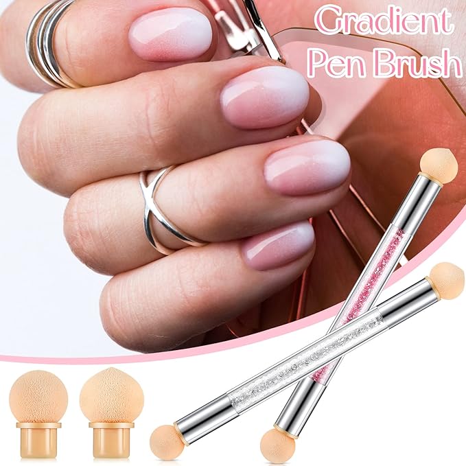 Maitys 4 Pcs UV Gel Gradient Sponges Pens with 16 Pcs Replacement Head Nail Sponges for Ombre Double Head Brush for Nail Art Manicure DIY Tools(Pink, White)