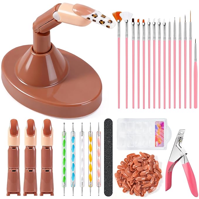 Practice Fingers Kit, 3PCS Nail Practice Hand Finger for Acrylic Nails, 22PCS Nail Art Tools, with 200PCS Nail Tips and Base Stand, Practice Hand for Acrylic Nails Home Salon DIY Beginner (Brown)