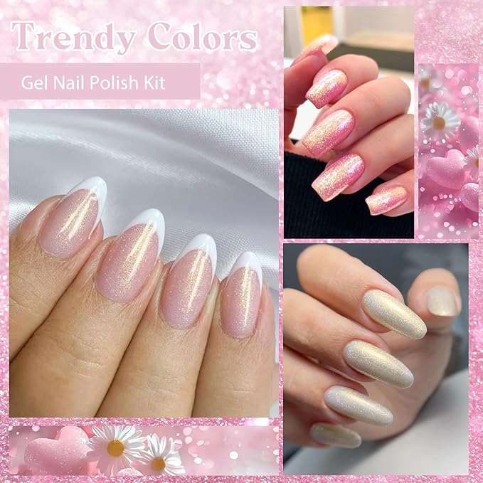 MEET ACROSS 5 Colors Gel Nail Polish with Glitter Gel Top Coat, Shimmery Nail Gel Polish Black White Pink Sky Blue Nail Polish Set Manicure DIY Home Salon 6Pcs*7ml