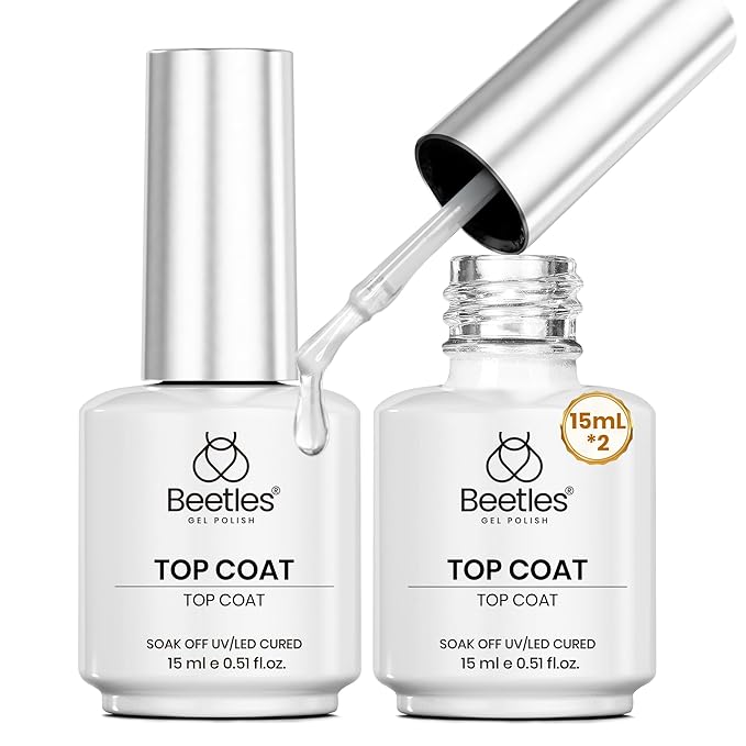 Beetles Gel Top Coat Set, 2Pcs 15ml Top Coat Gel Nail Polish No Wipe Long Lasting Shining Glossy Manicure Soak off U V Lamp Needed Nail Art Design Gifts for Women