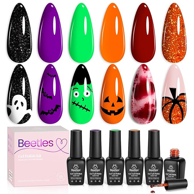 Beetles Gel Nail Polish Set - Hocus Pocus 6 Colors Gel Polish Orange Green Purple Black Red Glitter Colors, Soak Off Nail Lamp UV LED Cured Nail Art Design Manicure Gift for Women