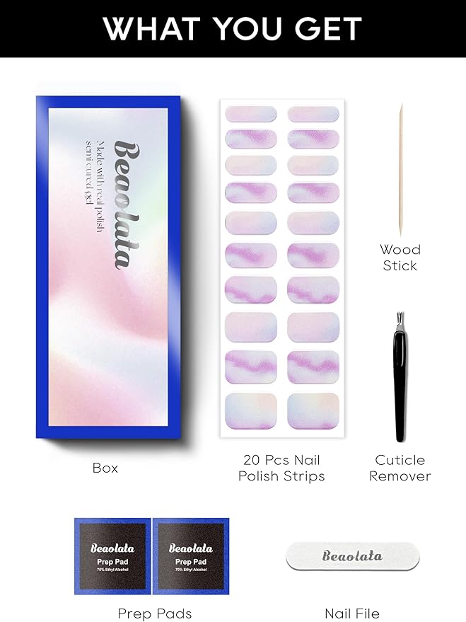Semi Cured Gel Nail Strips - UV Light Gel Nail Stickers - 20 Long Lasting Salon Quality Wraps (Aurora Petal Purple)