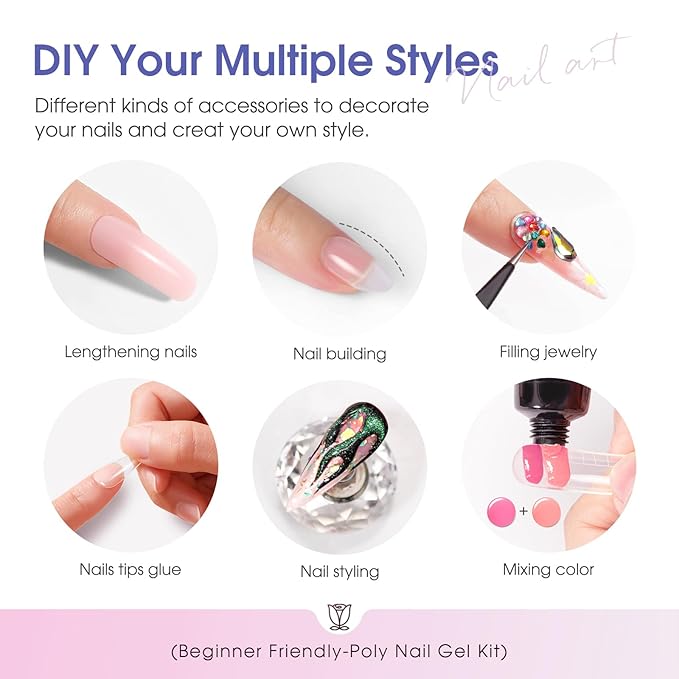 ROSALIND Poly Nail Gel Kit -24 Colors + Pink Glitter with Accessories Clear Nude Poly Nails Gel Starter Kit with Mini UV Lamp Slip Solution Base Top Coat Nude Pink Extensions Set