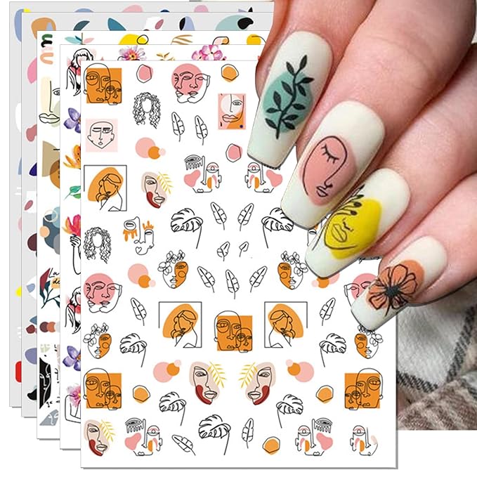 Graffiti Fun Nail Art Stickers, 3D Abstract Nail Decals, Self-Adhesive Minimalist Design Nail Decorations (9 Sheets)
