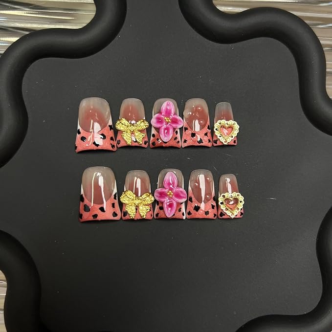 10pcs Handmade Press on Nails for Women - Medium Duck Curve 3D Thick Acrylic Fake Nails Reusable,Designer Floral Butterfly Rhinestones Bling Boho Funky Y2k Nail-art Set,M,pink leopard