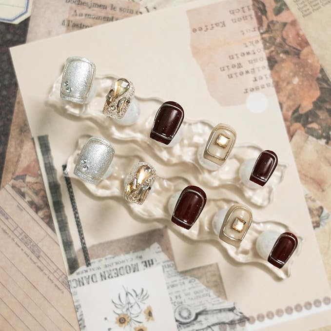 Handmade 3D Press On Nails Short Coffin,New Year Valentine False Nails Burgundy Silver Glitter with Geometric Line Art & Hand-Set Rhinestones - 10Pcs Luxury Design (Fiery Red Lips,S)