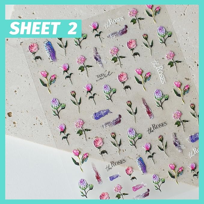 Embossed Flower Nail Art Stickers, Vintage Rose Floral Nail Decals Design, Self-Adhesive, Nail Accessories & Supplies 3 Sheets