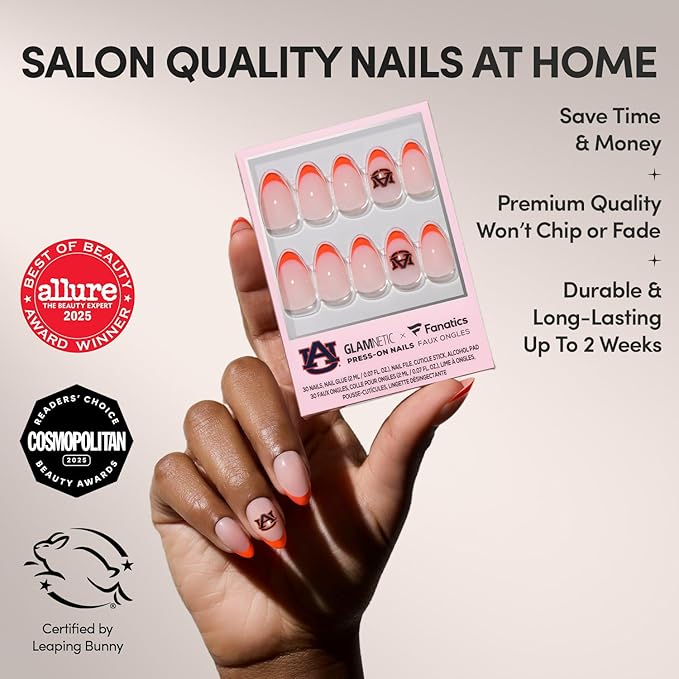 Glamnetic x Fanatics Press On Nails - Auburn Tigers | Short Almond Fake Nails, Collegiate Tiger Orange French Tips, College Nails, Salon-Quality | 15 Sizes - 30 Nail Kit with Glue