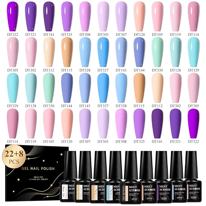 MEET ACROSS 30Pcs Nude Gel Polish 22 Colors Gel Nail Polish Set Pink Purple Sky Blue Bright Series Soak Off UV/LED Manicure Kit for Women