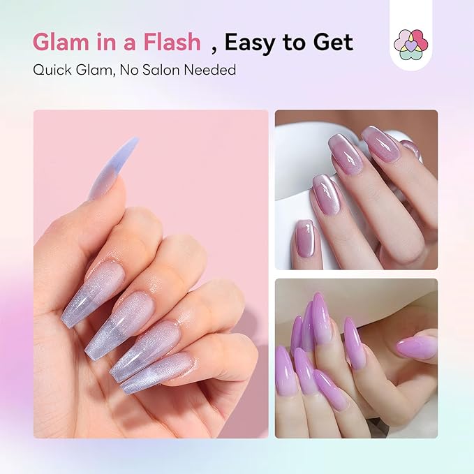 SAVILAND Hema-Free Poly Gel Nail Kit for Starter: 15 Colors Poly Gel for 28 Day Long-Lasting, Purple Cat Eye Duochrome Nail Extension Kit with Slip Solution U V Lamp, Suitable for Dance Party Nail Art