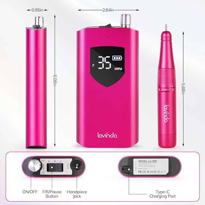 Lavinda Professional Nail Drill 35000 RPM, Cordless Rechargeable Electric Nail File for Acrylic Gel Nails, Efile Nail Drill Machine for Home and Salon Use (Viva Magenta)
