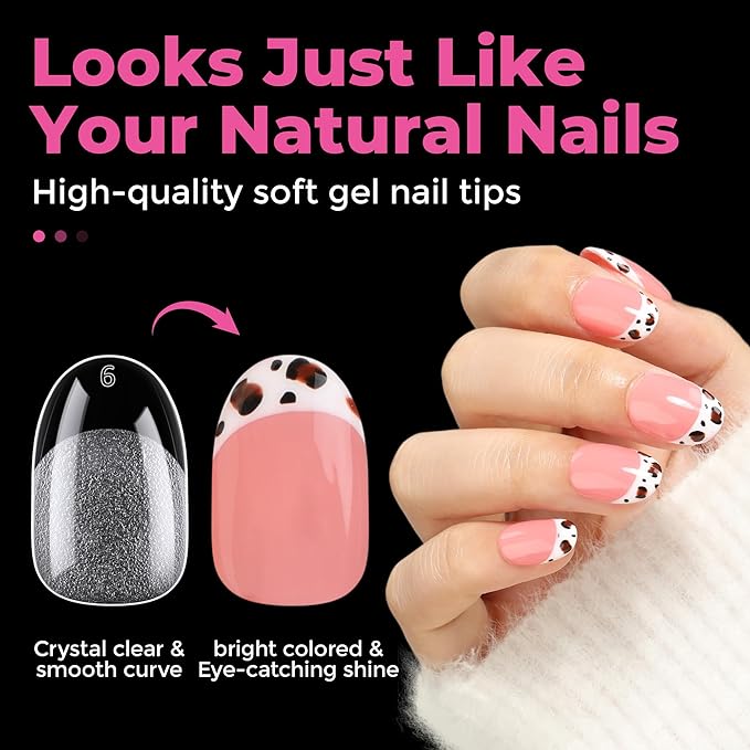 UNA GELLA Short Oval Round Nail Tips, Pre Etched Short Oval Gel Nail Tips Soft Gel Full Cover Press on Nails for Nails Extension Art DIY Salon 216Pcs 12 Sizes