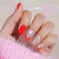 Red Press On Nails Short - Jofay Fashion French Tip Press On Nails, Acrylic Fake Nails with Snowflakes and Gold Glitter, Reusable False Nails Glue On Nails for Women, Stick On Nails Kit 32Pcs