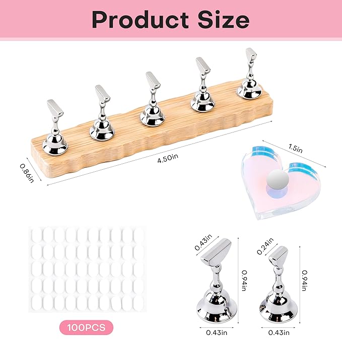 Nail Stand for Press On Nail Holder for Painting Nails, Magnetic Fake Nail Stands Tips, Heart Shape Nail Holder with Double-sided Tape Practice Nail Art Tools（Wood B）