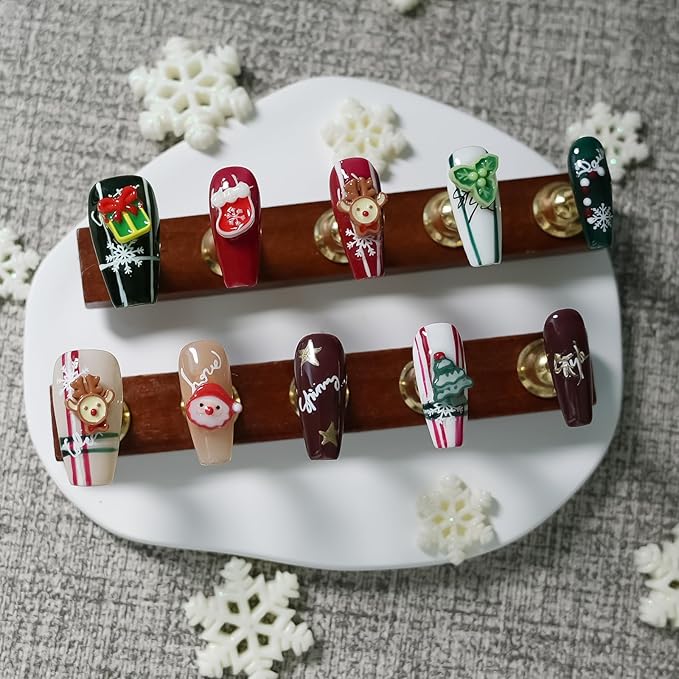 Christmas Press on Nails Medium Coffin Colorful Fake Nails with Cute 3D Elk Santa Claus Xmas Trees Candy Canes Design Winter Handmade Acrylic Nails for New Year (Holiday Gifts,M)