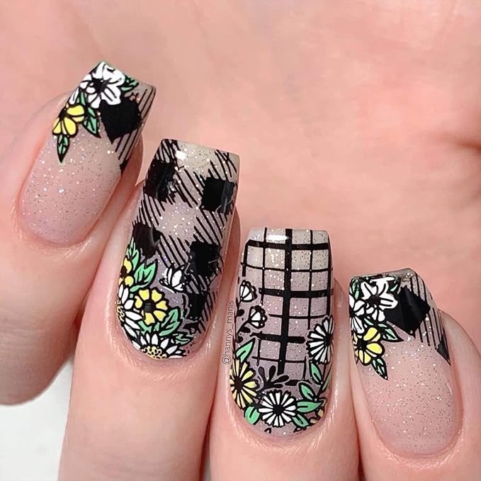 Maniology Petal Pusher Nail Stamping Plate | Spring Floral & Plaid Designs for Fresh Good Vibes DIY Manicures – Reusable, Rectangular Stainless Steel Nail Art Template