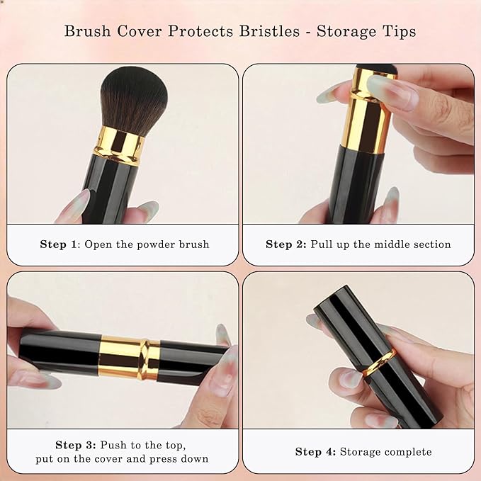 WOKOTO 2 PCS 2-in-1 Retractable Brushes - Nail Art Dust Remover for Acrylic Nails, Round & Angled Makeup Brushes for Foundation & Cream, Black Handle Dust Brush, Travel-Friendly Aluminum Tube