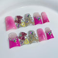 Luxury Medium Duck Press on Nails Handmade False Nails with Glitter Bow and Rhinestone Design Handmade Nail with Glue Muti-Layer Gel False Nails Butterfly Charms Thick Nails for Women (Size S)