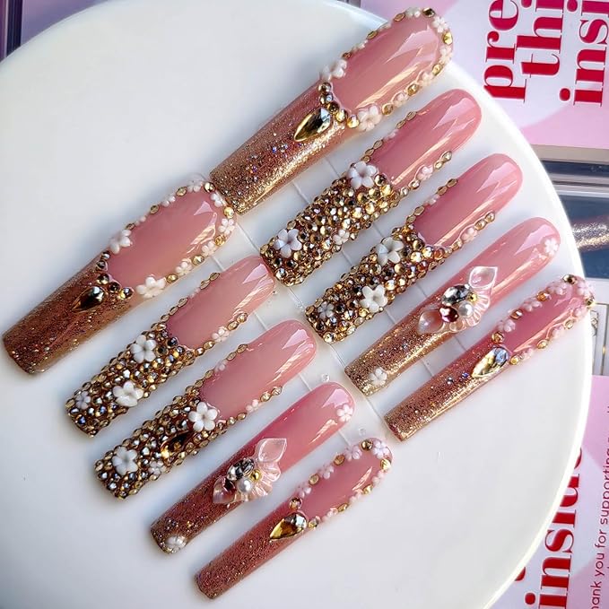 Xxl Press on Nails Extra Long Square Handmade Press-on Nails with Design Luxury Press Ons 10pcs M Size Pattern 1109