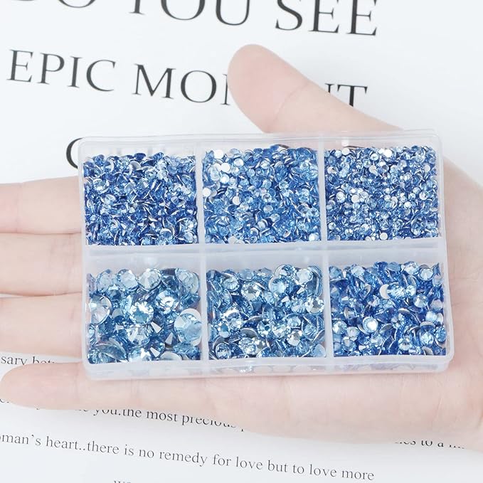 AD Beads 4300 Pieces Flat Back Nail Art Rhinestones Round Beads 6 Sizes (2-6.5mm) with Storage Organizer Box,Rhinestones Picking Pen for Nail Art Phone Decorations Crafts DIY (Light Blue)