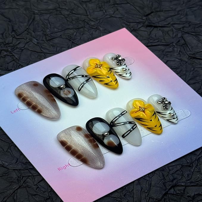 100% Handmade Press on Nails Medium Almond Handmade Nails with Yellow Flower Design Tortoise Shell False Nails Glossy Animal Prints Nail Press ons Reusable Fall Winter Acrylic Nails for Women L 10Pcs