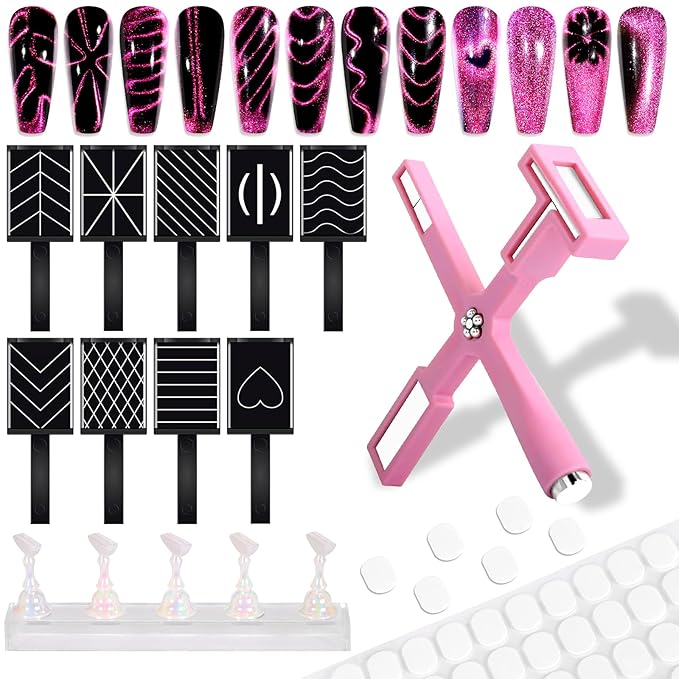 Laza Super Strong 5-in-1 Nail Magnet Tools with 5 Stands, 100 Adhesive Tabs and 9 Patterned Magnetic Nail Polish Wands for Galaxy Cat Eye Nails