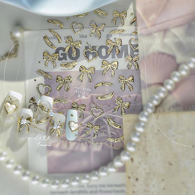 5D Embossed Gold Bow Nail Stickers Self Adhesive Gold Heart Nail Art Stickers Metal with Glitter Love Bow Design Cute Valentines Day Nail Decals Nail Art Supplies for Women Acrylic Manicure Salon Tips