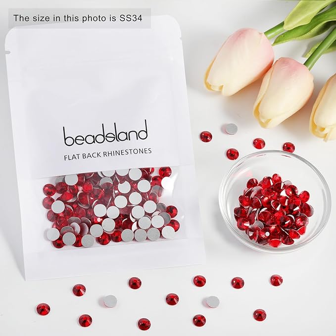 Beadsland Flat Back Crystal Rhinestones Round Gems for Nail Art and Craft Glue Fix, Siam, 7.0-7.3mm, SS34/288pcs