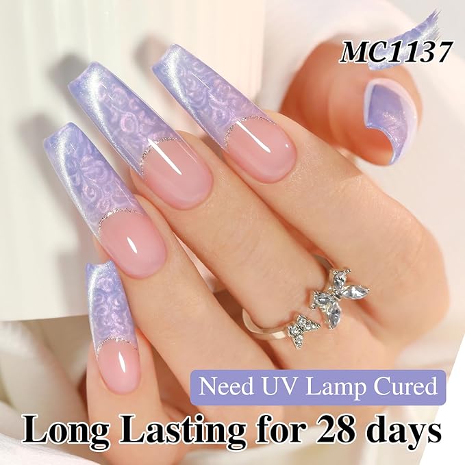 Double Rhythm 15ML Ice Glass Cat Eye Gel Polish with Magnet Holographic Glitter Shimmer Translucent Sheer Color Salon Soak Off Magnetic Nail at Home (Blue Purple-MC1137)