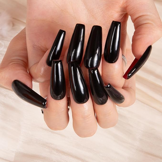 LOVFUL Press on Nails Red Sole Black Red | Handmade with Full Covered Crystals | Reusable Full Cover Nails | Coffin Classic Regular 1.3 in | H22-M