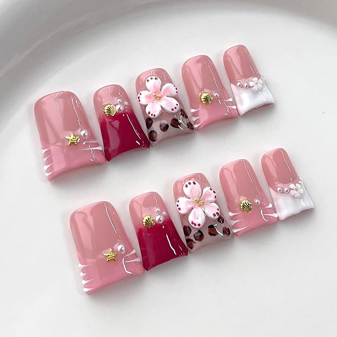 French Tip Press on Nails Handmade Short Duck 3D Flower Thick Acrylic Nails Cute Pink False Nails with Stars Leopard Print Shell Designs Beachy Glossy Fake Nail Sturdy Art Press on Nail 10Pcs(M)
