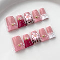 French Tip Press on Nails Handmade Short Duck 3D Flower Thick Acrylic Nails Cute Pink False Nails with Stars Leopard Print Shell Designs Beachy Glossy Fake Nail Sturdy Art Press on Nail 10Pcs(S)