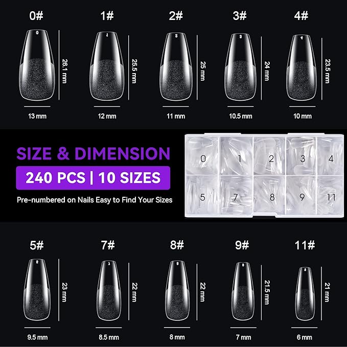 Gelike ec Medium Coffin Nail Tips: 240PCS Soft Gel Tips for Nail Extensions Coffin Shaped Full Cover Nail Tips Pre Etched - PMMA Resin Clear False Nails Press on Nails 10 Sizes, MEDIUM COFFIN