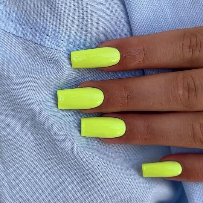 KQueenest Neon Green Press on Nails Long Medium Square, Lime Green Fake Nails Medium Coffin, Glossy Sheer Color Acrylic Nails Press ons, Reusable Soft Gel Glue on Nails for Women Summer