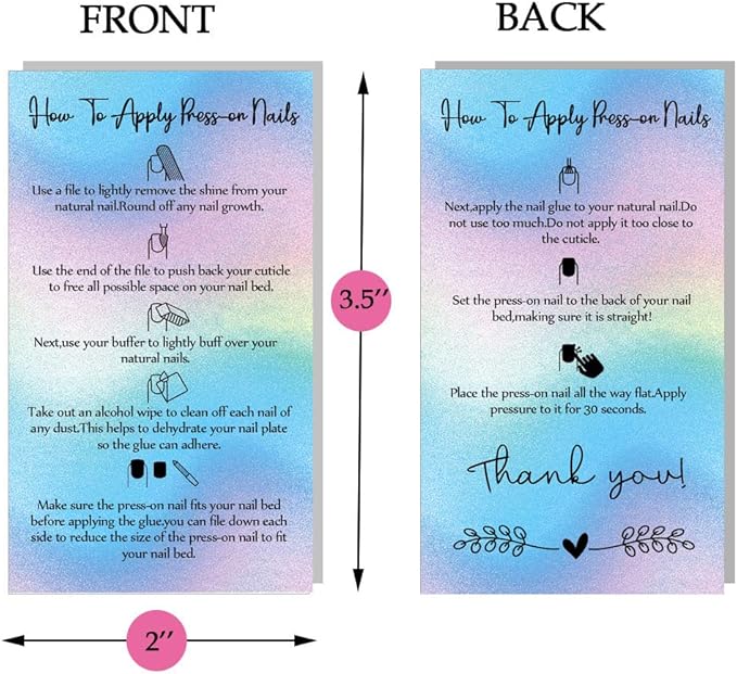 Press-On Nail Application Instructions Cards, Aftercare Instructions Cards, 50 Pack 2 x 3.5'' inch Business Card Size, DIY Press-On Nail Kit, White (0406038)