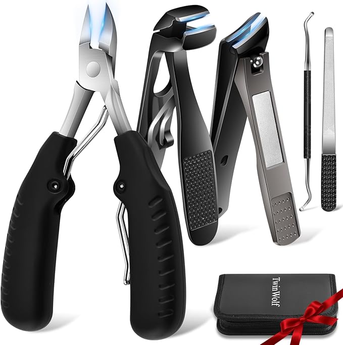 TwinWolf Toenail Clippers for Seniors Thick Ingrown Toenails,Heavy Duty Slanted Curved Blade Cutters for Fingernails, Large Ultra Sharp Nail Clippers Set with Wide Jaw for Men Women,5 Pcs,Black