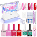 TPO and HEMA Free Gel Nail Polish Kit with U V Light - Nude Pink Red at Home Gel Manicure Kit with Base & Top Coat Chrome Nail Powder - 4 Colors Mini Salon Nail Art Starter Gift for Women Girl