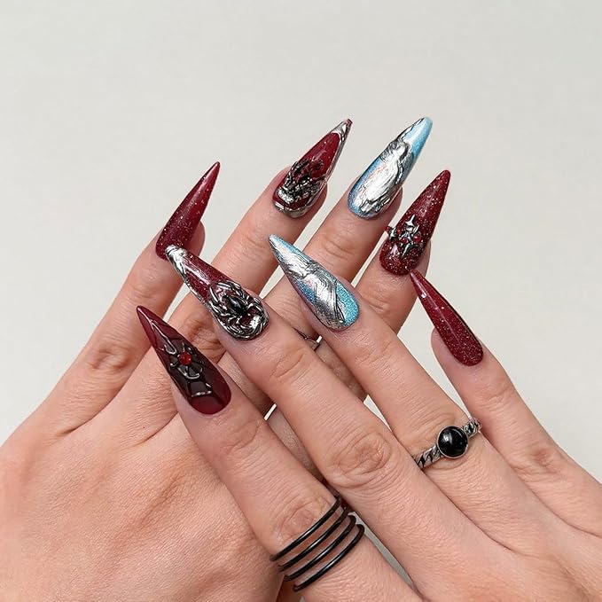 Halloween Press on Nails Luxury Red Black Fake Nails 3D Handmade Spider & Eyeball Unique Design Nail Art Thick Long Almond Halloween Spider Web Handbone Acrylic Nail for Women（Size M)