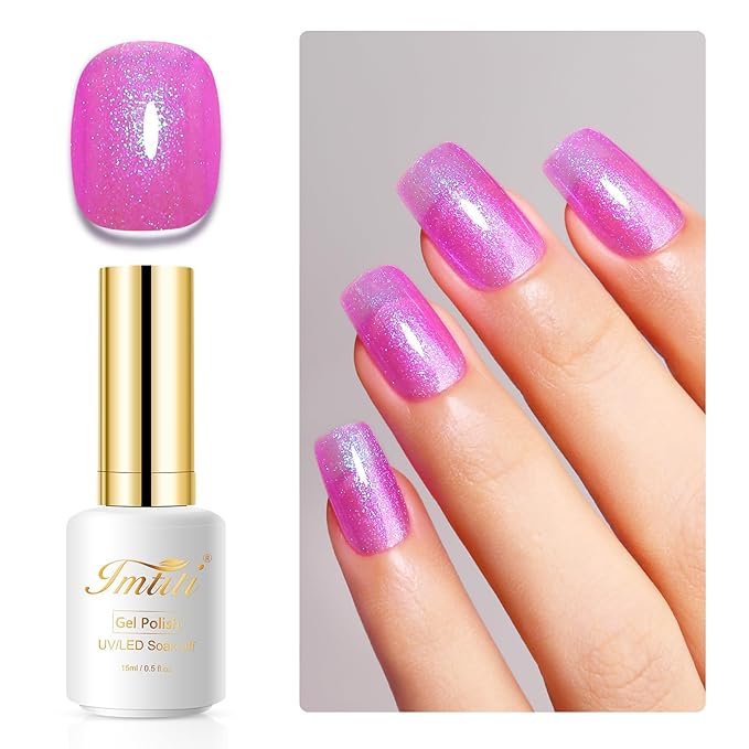Imtiti Glitter Gel Nail Polish, 0.5 Fl Oz Pink Iridescent Glitter Gel Polish Soak Off LED UV Shimmer Sparkle DIY Art Starter Manicure Salon