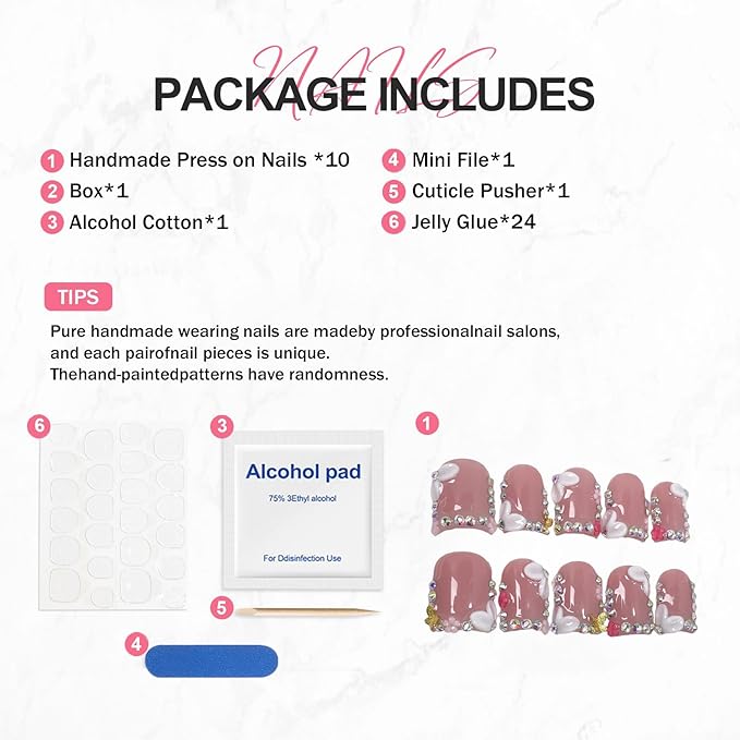 Handmade Square Press on Nails Short Rhinestone French Tip Fake Nails with Luxury 3D Flower Designs Muti-Layer Gel False Nail Full Cover Acrylic Nails Stick on Nail for Wome (Size S)