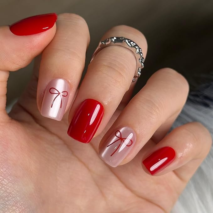 CurvLife Square Press On Nails Short – 30Pcs Soft Gel Ribbon Red Cat eye Charm Fake Nails, Reusable Glue On Nail Kit with Adhesive Tabs, Natural Fit & Salon-Quality for Women & Girls