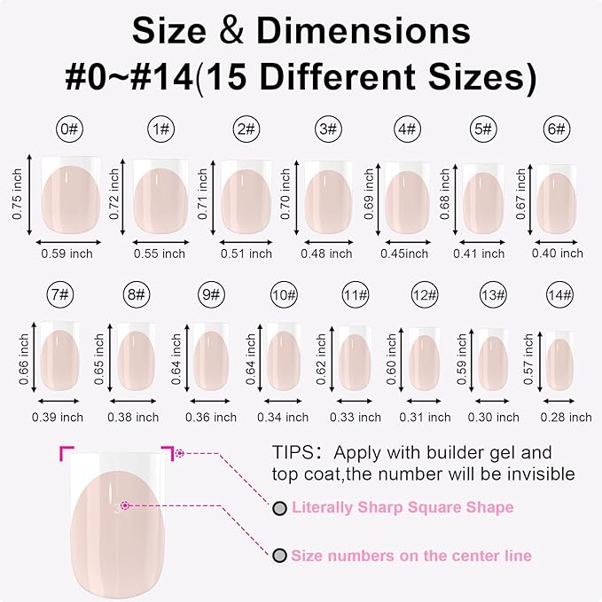 Anyos French Tip Press On Nails-300Pcs Sharp Square Gel Nail Tips Short,No File Need Tips Pre-Designed,Fake Nails for Nail Art DIY 15Sizes(Nude)