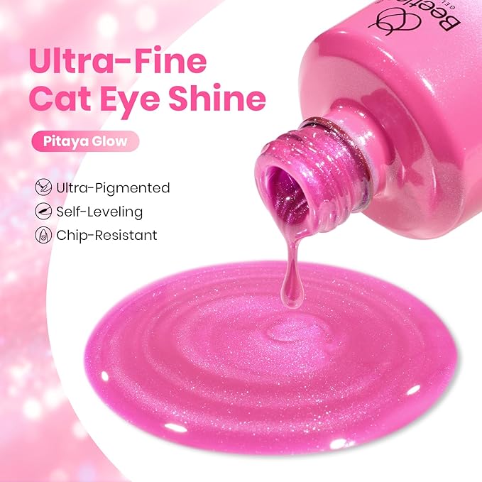 Beetles Pitaya Glow Pink Cat Eye Gel Nail Polish - 15ML Glitter Pink Cat Eye Spring Gel Polish Magnetic Shimmer Effect Soak Off UV Nail Art Design Salon DIY Manicure Gift for Women
