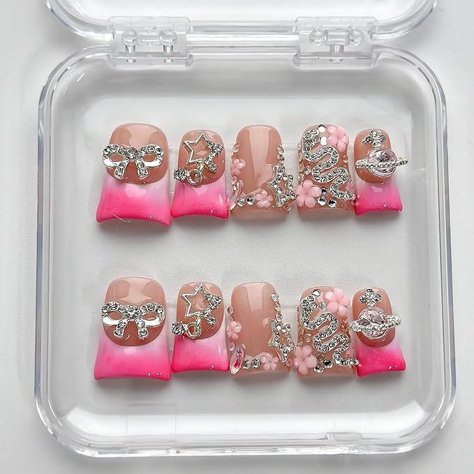 Luxury Press on Nails Short Duck Handmade 3D Unique Reusable ABS Material Fake Nails Pink French Tip False Nails with Designs Flower Bow Stars Rhinestones Glossy Glue on Nail Thick Acrylic Nail(M)